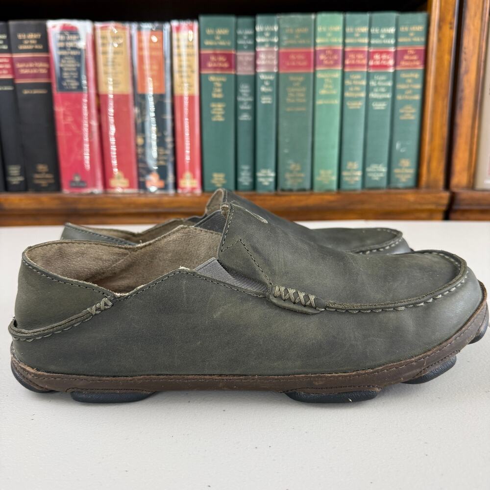 Olukai Men's Olive Slip On Leather "Moloa" 10 Loafer Shoe
